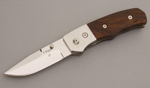 Tom Bryan 1998 AKCA Linerlock with Desert Ironwood Scales handle material - Obverse Side - Item #KLC07648