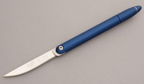Delta-Z Knives 360 Pivot Pen Knife with Blue Anodized Aluminium handle material - Obverse Side - Item #KLC07739
