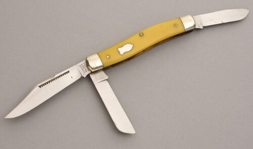 Schrade Walden 881Y Stockman with Yellow Delrin handle material - Obverse Side - Item #KLC07780
