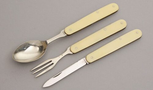 Cowlishaw Knives Set of 3 Spoon Knife Fork with French Celluloid Scales handle material - Obverse Side - Item #KLC07782