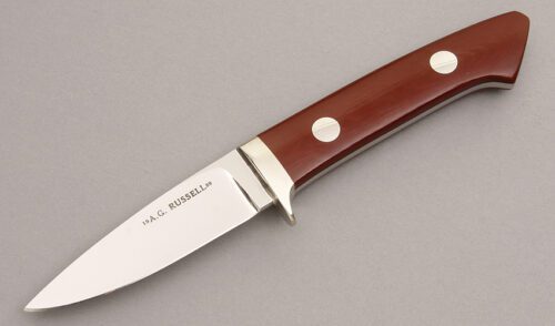 A.G. Russell Gents Drop Point Hunter with Burgandy Micarta Scales handle material - Obverse Side - Item #KLC07822