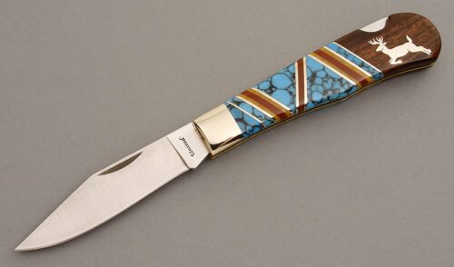 David Yellowhorse United Cutlery Lockback with Turquoise & Ironwood handle material - Obverse Side - Item #KLC07849