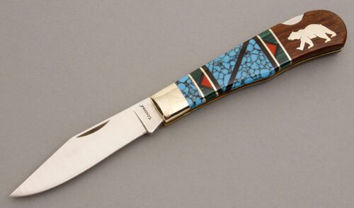 David Yellowhorse Wildlife Series Bear Lockback with Turquoise & Ironwood handle material - Obverse Side - Item #KLC07850