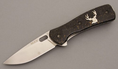 Buck Knives Yellowhorse Mule Deer Vantage with Black Oynx with Gold Web handle material - Obverse Side - Item #KLC08004