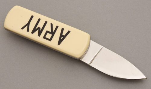 Gerber Knives Belt Buckle Knife with Ivory Micarta handle material - Obverse Side - Item #KLC08054