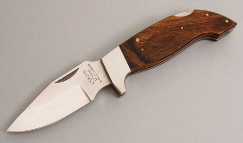 Lakota Knives Lil' Hawk Lockback with Laminated Brown Ebony Scales handle material - Obverse Side - Item #KLC08105