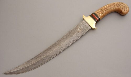 Unknown Maker Short Damascus Scimitar with Wood Handle handle material - Obverse Side - Item #KLC08107