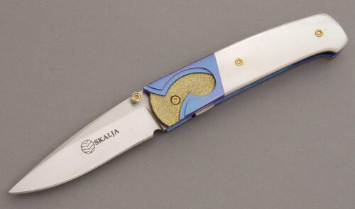 Skalja Knives Complicity Linerlock with Mother of Pearl handle material - Obverse Side - Item #KLC08151