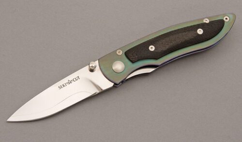 Seki-Cut Knives Linerlock with Green Anodized Titanium handle material - Obverse Side - Item #KLC08168