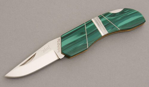 Lakota Knives Teal Lockback with Malachite & Mother of Pearl handle material - Obverse Side - Item #KLC08185