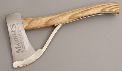 Marble's/A.G. Russell Safety Axe with Hickory Wood handle material - Obverse Side - Item #KLC08197