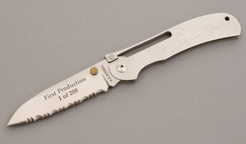 A.G. Russell One Hand Knife with Stainless Frame handle material - Obverse Side - Item #KLC08201