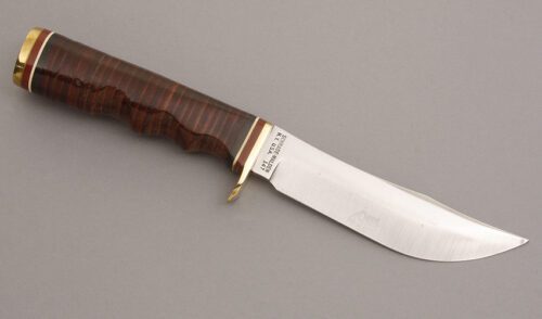 Schrade Walden Model 497L 49ers with Stacked Leather handle material - Obverse Side - Item #KLC08234