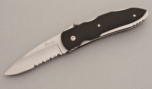 Ontario Knife Co. Joe Pardue Toggle Linerlock with Thermoplastic handle material - Obverse Side - Item #KLC08302