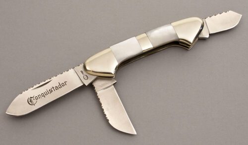 United Cutlery Conquistador 3 Blade Canoe with Nickel Silver Handle Scales handle material - Obverse Side - Item #KLC08324