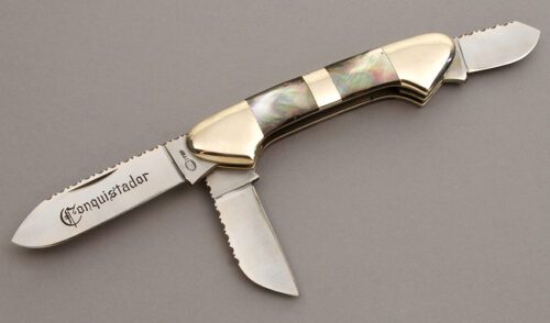 United Cutlery Conquistador 3 Blade Canoe with Nickel Silver Frame handle material - Obverse Side - Item #KLC08325