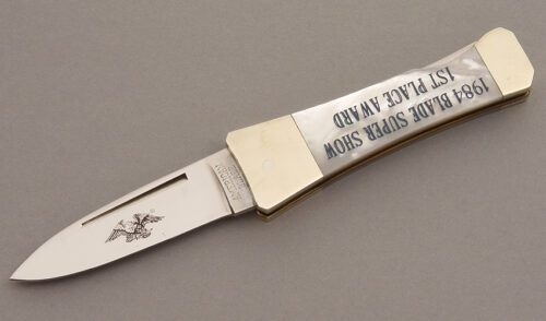 American Blade Collectors Asso Gents Lockback with Mother of Pearl handle material - Obverse Side - Item #KLC08327