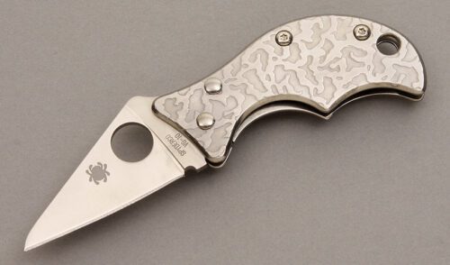 Spyderco Knives C86PET Spin Framelock with Etched Stainless Frame handle material - Obverse Side - Item #KLC08329