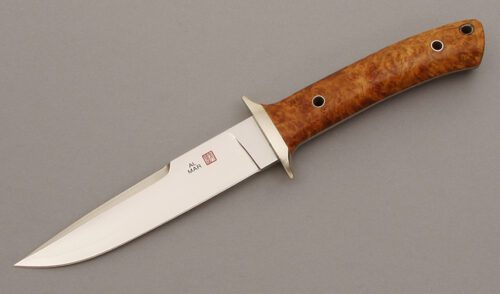 Al Mar Knives 25th Anniversary Shiva with Chinese Quince Burl Wood handle material - Obverse Side - Item #KLC08376