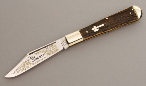 Battle Axe Knives The Conqueror Folding Hunter with Stag Scales handle material - Obverse Side - Item #KLC08402