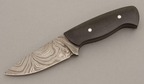 Leonard Toews Small Damascus Hunter with Black Micarta Scales handle material - Obverse Side - Item #KLC08403