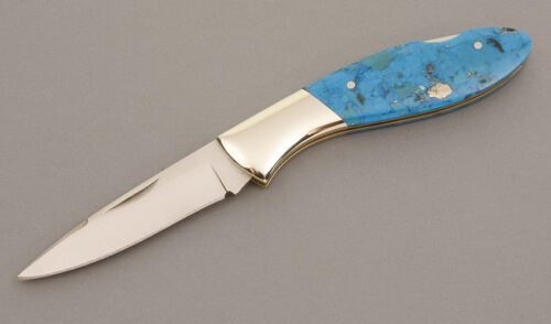 Leonard Toews Lockback with Turquoise Handle Scales handle material - Obverse Side - Item #KLC08404