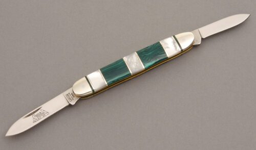 Camillus Cutlery Gents Two Blade Folder with Malachite & Mother of Pearl handle material - Obverse Side - Item #KLC08420