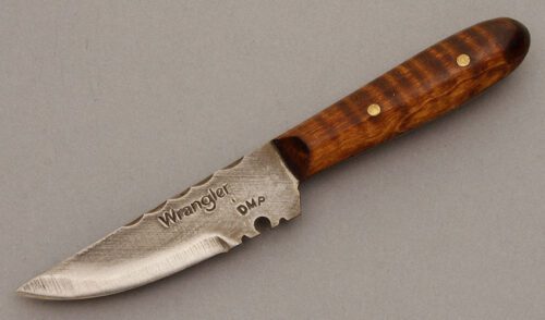 Wrangler Knives Mini Indian Neck Knife with Curly Maple Wood handle material - Obverse Side - Item #KLC08428