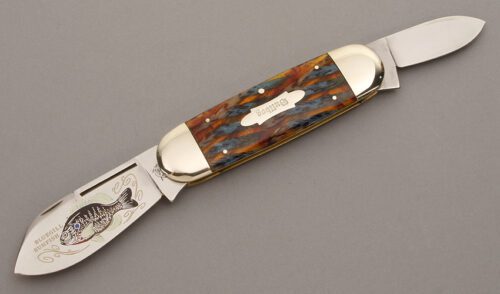 Bulldog Knives Bluegill Sunfish with Blue & Gold Celluloid handle material - Obverse Side - Item #KLC08447