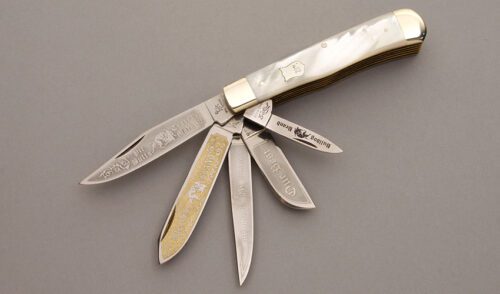 Bulldog Knives 20th Anniversary Trapper with Mother of Pearl Scales handle material - Obverse Side - Item #KLC08459