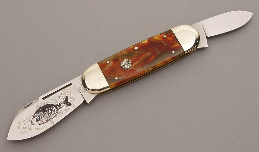 Bulldog Knives Sunfish with Green & Orange Celluloid handle material - Obverse Side - Item #KLC08460