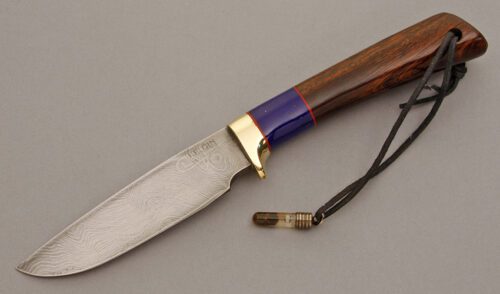 Kelgin Knives Damascus Hunter with Desert Ironwood Handle handle material - Obverse Side - Item #KLC08480