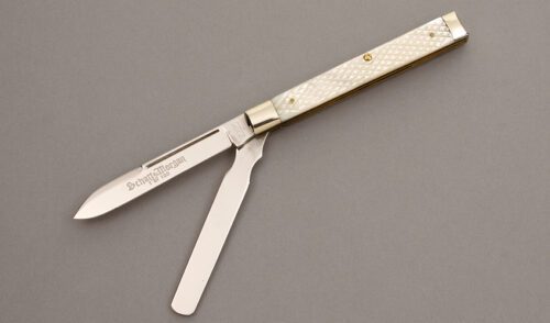 Schatt & Morgan Two Blade Doctors Knife with Jigged Mother of Pearl Scales handle material - Obverse Side - Item #KLC08496