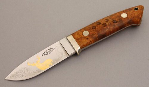Beretta Knives Loveless Design Hunter with Chinese Quince Burl Wood handle material - Obverse Side - Item #KLC08514