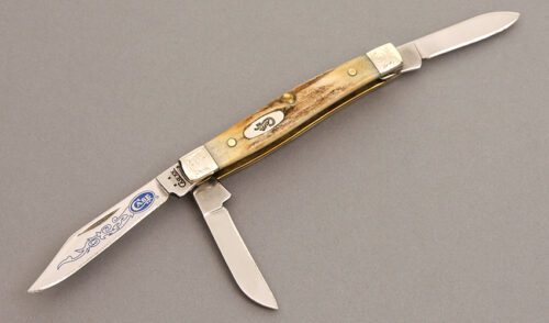 Case Cutlery 5333 Blue Scroll Stockman with Stag Scales handle material - Obverse Side - Item #KLC08519