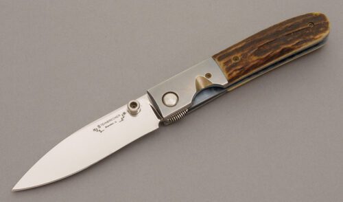 Mark Steinbrecher Custom Linerlock with Stag Scales handle material - Obverse Side - Item #KLC08524