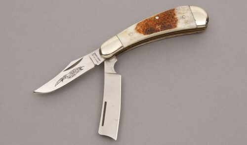 Eagle Brand Knives Two Blade Razor Knife with Stag Scales handle material - Obverse Side - Item #KLC08566