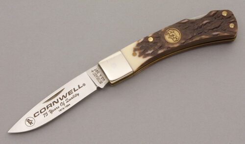 Schrade Cutlery Cornwell 75th Anniv. Lockback with Delrin Stag handle material - Obverse Side - Item #KLC08616