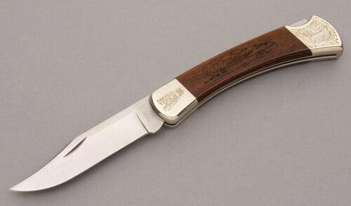 Buck Knives 110 Matco Tools Funny Car with Dynawood Handle Scales handle material - Obverse Side - Item #KLC08617
