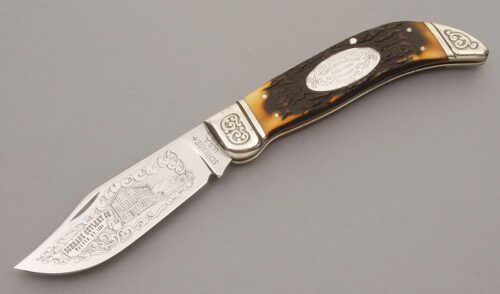 Schrade Cutlery 75th Anniversary Clasp Knife with Staglon Scales handle material - Obverse Side - Item #KLC08624