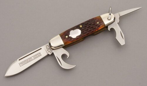 A.G. Russell Premium Scout Knife with Brown Jigged Bone handle material - Obverse Side - Item #KLC08649