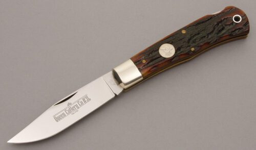 Queen Cutlery Mountain Man Lockback with Honey Amber Stag Bone handle material - Obverse Side - Item #KLC08650