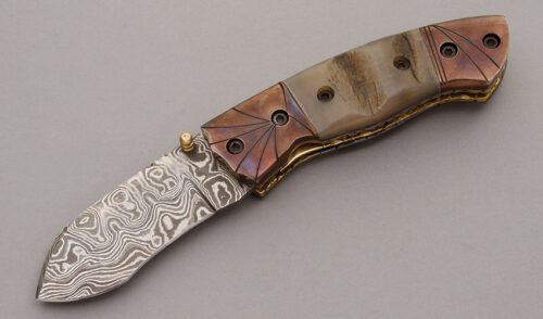 Unknown Maker Linerlock with Rams Horn Scales handle material - Obverse Side - Item #KLC08658