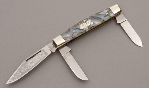 Bulldog Knives 3 Blade Millennium Stockman with Abalone Celluloid Scales handle material - Obverse Side - Item #KLC08673