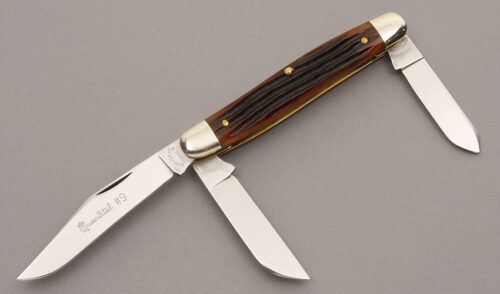 Queen Cutlery #9 3 Blade Stockman with Winterbottom Bone Scales handle material - Obverse Side - Item #KLC08676