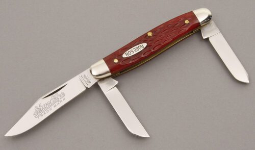 Robeson Knives 3 Blade Stockman with Red Jigged Bone handle material - Obverse Side - Item #KLC08677