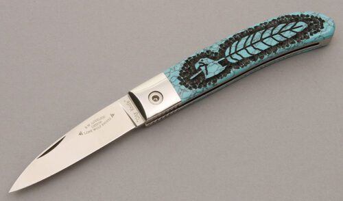 Lone Wolf Knives Loveless Design City Knife with Green Carved Turquoise handle material - Obverse Side - Item #KLC08717