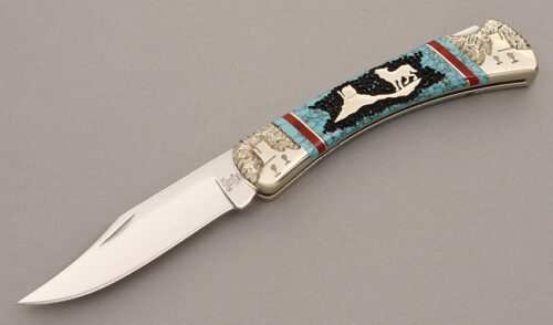 Buck/Yellowhorse 110 Coyote Mountain Lockback with Turquoise & Bloody Jasper handle material - Obverse Side - Item #KLC08720
