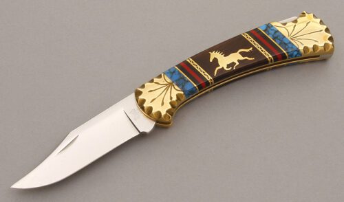 Buck/Yellowhorse 110 Running Horse Lockback with Desert Ironwood & Turquoise handle material - Obverse Side - Item #KLC08721