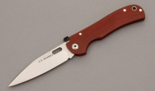 A.G. Russell K95C Airweight One Hand Knife with Coral Rucarta Frame handle material - Obverse Side - Item #KLC08763